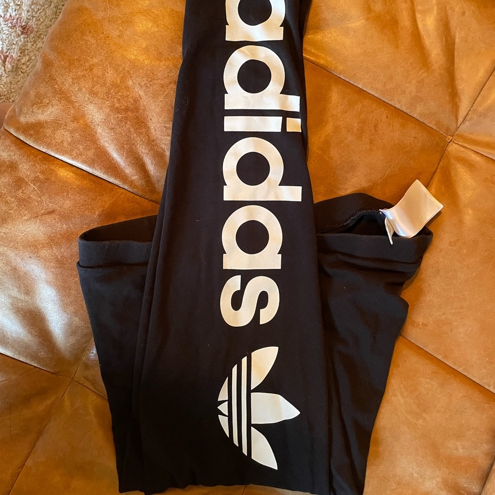 Womens Adidas black tights leggings with side printed large white logo